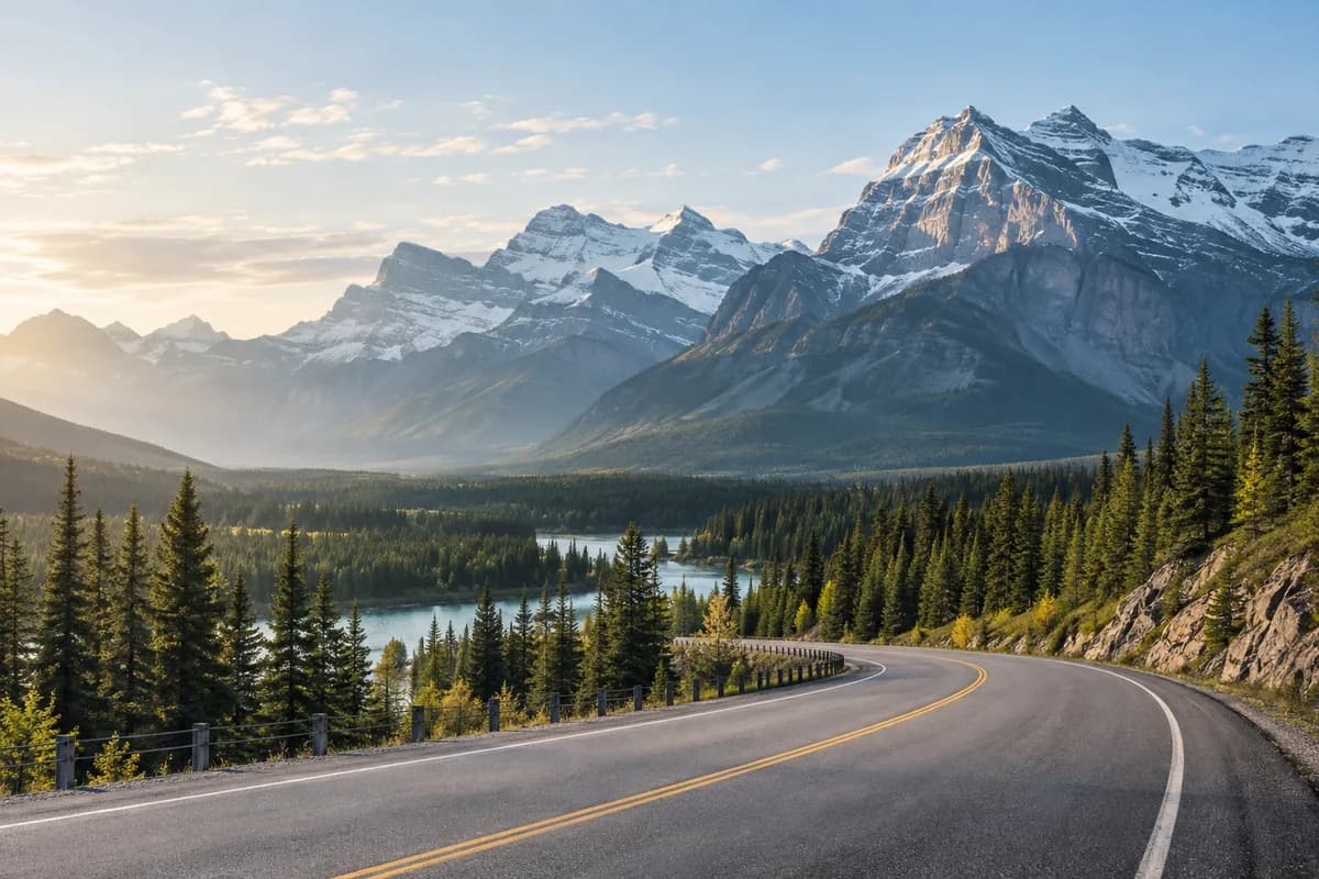 A mountain highway curving toward Canadian Rocky Mountain peaks