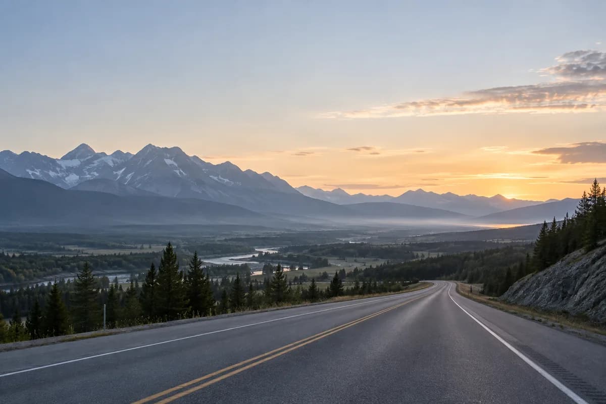 An open highway descending from the Rockies at dawn