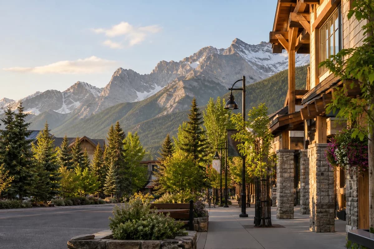 A warm mountain-town street beneath limestone peaks